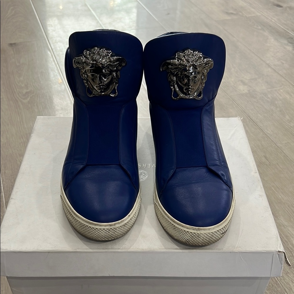 Versace Blue High-Top Sneakers with Silver Medusa Detail